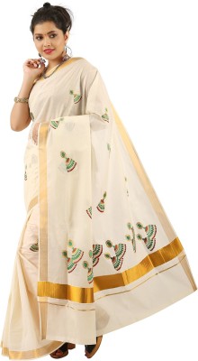 Selvamani Tex Embroidered Kasavu Cotton Blend Saree(Beige)