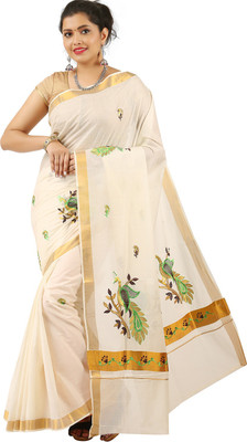 RSV FABRICS Self Design, Embroidered Bollywood Cotton Blend Saree(White)