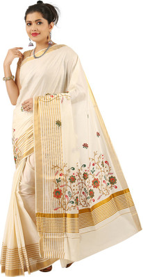 RSV FABRICS Embroidered Bollywood Cotton Blend Saree(Beige)