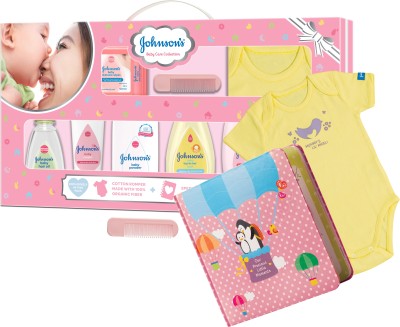 JOHNSON'S Baby Care Collection Gift Set with Organic Cotton Dress and Milestone Book (10 Pieces)(Multicolor)
