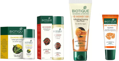 

BIOTIQUE BIO BIO Dandelion Ageless Lightening Serum, BERBERRY HYDRATING CLEANSER FOR ALL SKIN TYPES, Honey Gel Face Wash, LIP BALM(Set of 4)