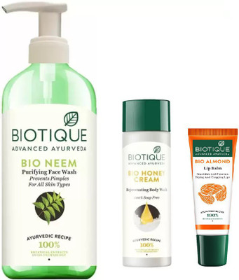 

BIOTIQUE BIO Neem Purifying Face Wash For All Skin Types, Honey Cream Rejuvenating Body Wash,lip balm(Set of 3)