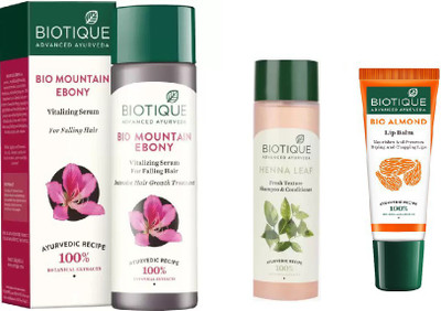 

BIOTIQUE BIO MOUNTAIN EBONY FRESH GROWTH STIMULATING SERUM INTENSIVE HAIR GROWTH TREATMENT, HEENA LEAF FRESH TEXTURE SHAMPOO & CONDITIONER FOR GREYING HAIR, LIP BALM(Set of 3)
