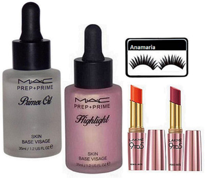 

anamaria Eyelashes & Mac Prep+Prime Primer Oil & Highlight & Lakme 9 to 5 Primer Matte Lipstick(Set of 5)