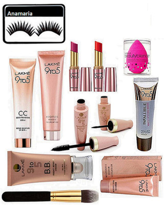 

anamaria Eyelashes & Lakme 9 to 5 BB Bright Benefit Cream & CC Cream & Weightless Mousse Foundation 2 & Infallible Mattifying Base primer & Waterproof Eyeliner+Mascara & Primer Matte Lipstick (Pack of 2) With Make Up Brush & Sponge Puff(Set of 12)
