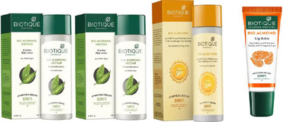 

BIOTIQUE BIO BIO Morning Nectar Flawless Skin Moisturizer, aloe vera sun lotion spf 30, LIP CARE(Set of 4)