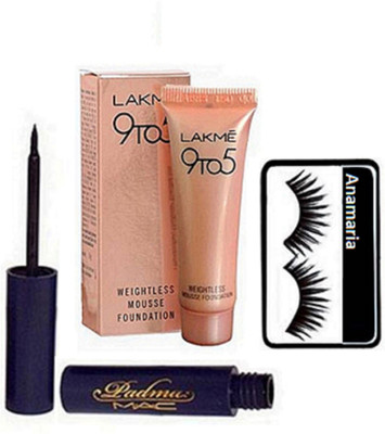 

anamaria Eyelashes & Lakme 9 to 5 Mousse Foundation, Mac Padma Eyeliner(Set of 3)