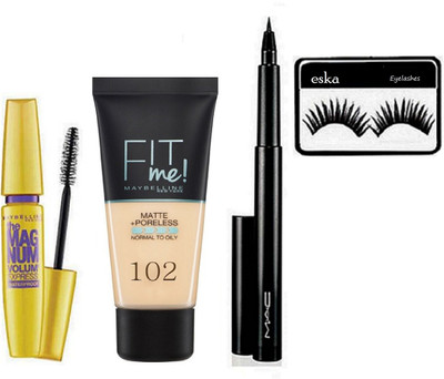 

eska Eyelashes,Maybelline Mag num Mascara,Fit me Foundation,Mac Pen Liner(Set of 3)