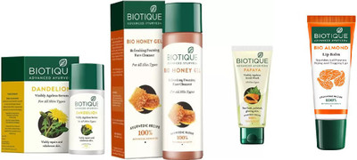 

BIOTIQUE BIO Dandelion Ageless Lightening Serum, Honey Gel Refreshing Foaming Face cleanser, papaya face wash , LIP BALM(Set of 4)