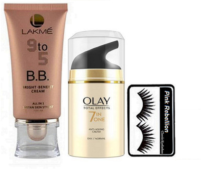 

Pink Rebellion Eyelashes & Lakme 9 To 5 BB Bright Benefit Cream & olay Anti Ageing Day Cream(Set of 3)