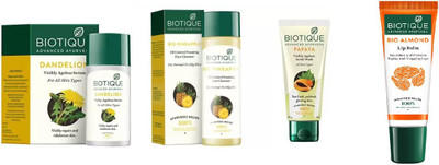 

BIOTIQUE BIO Dandelion Ageless Lightening Serum, PINEAPPLE OIL CONTROL FACE CLEANSER, papaya face wash, LIP CARE(Set of 4)