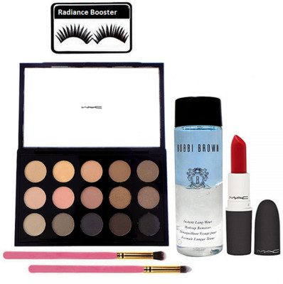 

radiance booster Eyelashes & Mac 15 Shades Eye Shadow Palette With Make Up Brush 2 & Bobbi Brown Makeup Remover & Lipstick(Set of 6)