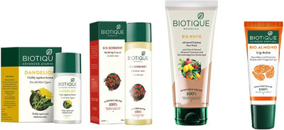 

BIOTIQUE BIO Dandelion Ageless Lightening Serum, BERBERRY HYDRATING CLEANSER FOR ALL SKIN TYPES, white advanced fairness face wash, LIP CARE(Set of 4)