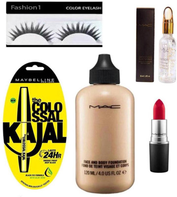 

FASHION 1 Combo kit of mac face and body foundation,smoothing perfecting primer,lipstick,maybelline kajal with eyelashes(Set of 5)