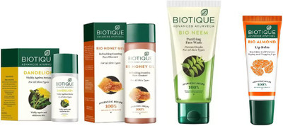 

BIOTIQUE BIO Dandelion Ageless Lightening Serum, Honey Gel Refreshing Foaming Face cleanser , Neem Purifying Face Wash , LIP BALM(Set of 4)