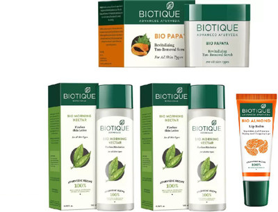 

BIOTIQUE BIO Morning Nectar Flawless Skin Moisturizer, Papaya Revitalizing Tan-Removal Scrub , LIP CARE(Set of 4)