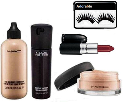 

Adorable Eyelashes, mac face and body foundation, prep+prime moisture serum, Loose Powder,mac lipstick (Set of 5)(Set of 5)