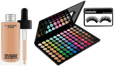 

ISABELLA Eyelashes & Mac 88 Shades Eye shadow Palette & Studio Water Weight Foundation(Set of 3)