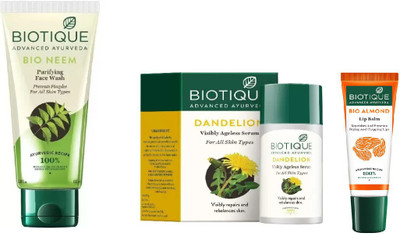 

BIOTIQUE BIO Neem Purifying Face Wash, Dandelion Ageless Lightening Serum , LIP CARE(Set of 3)