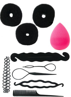 

Bella Hararo 10pc Set Hair Puff Juda maker + Braid Maker + Hair Styling Tools Combo & Sponge Puff for Foundation(Set of 10)
