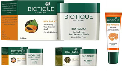 

BIOTIQUE BIO ALMOND SOOTHING & NOURISHING EYE CREAM, SEA WEED REVITALIZING ANTI-FATIGUE EYE GEL, Papaya Revitalizing Tan-Removal Scrub , LIP CARE(Set of 4)