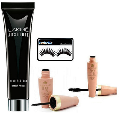 

ISABELLA Eyelashes & Lakme Absolute Blur Perfect Make Up Primer & Water Proof Eyeliner+Mascara(Set of 4)