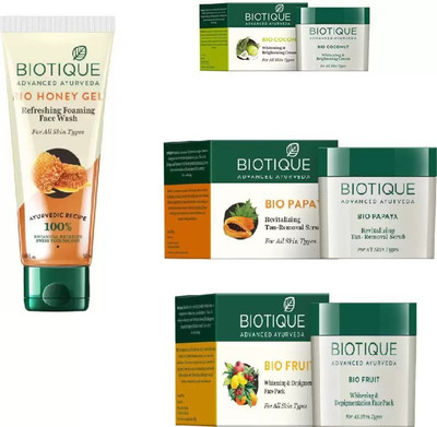 

BIOTIQUE BIO Honey Gel Face Wash, Fruit Whitening & Depigmentation Face Pack, Papaya Revitalizing Tan-Removal Scrub, Coconut Whitening & Brightening Cream(Set of 4)