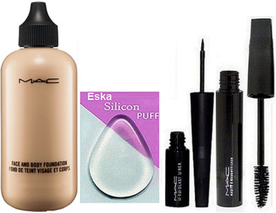 

eska Silicon Puff,Mac Face And Body Foundation, Liquid Eyeliner,Haute and Naughty Mascara(Set of 4)