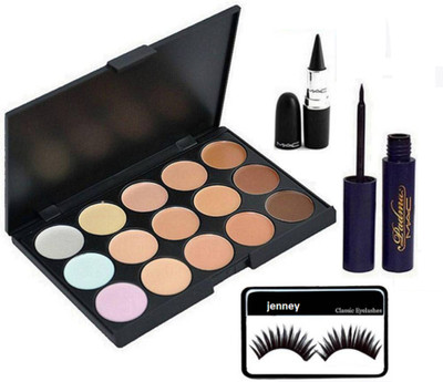 

jenney Eyelashes, Mac Stick Kajal, 15 Shade Concealer Palette & Padma Eyeliner(Set of 4)