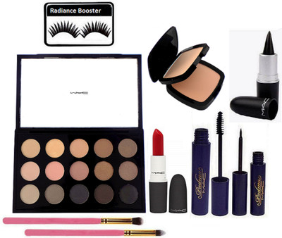 

radiance booster Eyelashes & Mac 15 Shades Eye Shadow Palette With Make Up Brush 2 & Lipstick & Two Way Compact & Padma Water Proof Eyeliner+Mascara & Stick Kajal(Set of 9)