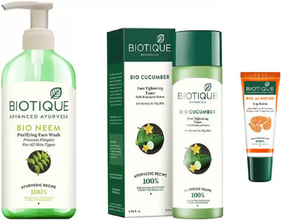 

BIOTIQUE BIO Neem Purifying Face Wash For All Skin Types, Cucumber Pore Tightening Toner , LIP CARE(Set of 3)