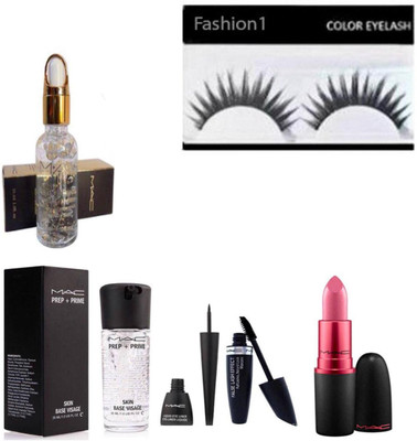 

FASHION 1 Combo kit of mac smoothing perfecting primer,prep+prime skin base visage eye liner,mascara,lipstick and eyelashes(Set of 6)