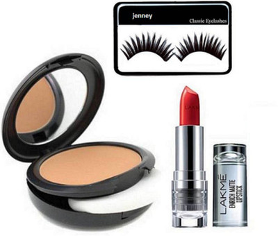 

jenney Eyelashes& Enrich Matte Finish Longlasting Lipstick & studio fix Compact(Set of 3)