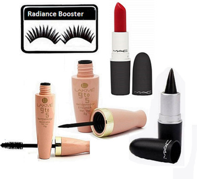 

radiance booster Eyelashes & Lakme 9 to 5 Water Proof Eyeliner+Mascara & Stick Kajal & Lipstick(Set of 5)