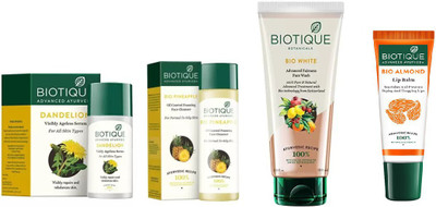 

BIOTIQUE BIO Dandelion Ageless Lightening Serum, PINEAPPLE OIL CONTROL FACE CLEANSER, white advanced fairness face wash,LIP BALM(Set of 4)