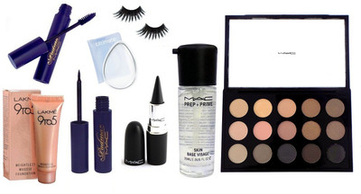 

Ultimate silicon puff & Mac 15 shades eyeshadow palette , mac padma eyeliner and mascara , Eyelashes , stick kajal , prep + prime skin base visage primer , 9 to h mousse fondation ,(Set of 8)