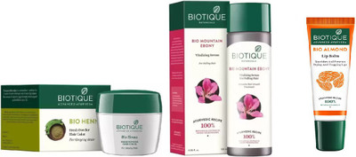 

BIOTIQUE BIO HENNA FRESH POWDER HAIR COLOR, Mountain Ebony vitalizing serum for falling hair, LIP CARE(Set of 3)