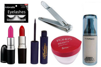

Adorable eyelashes, mac lipstick 2, eyeliner,pond's miracle day cream , mac match master foundation , nail cutter(Set of 7)