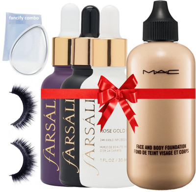 

FANCIFY COMBO Silicon Puff & Eyelashes & Farsali Face Serum (pack of 3) & Face And Body Foundation(Set of 6)