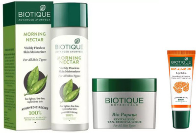 

BIOTIQUE BIO BIO Morning Nectar Flawless Skin Moisturizer, Papaya Revitalizing Tan-Removal Scrub, LIP BALM(Set of 3)