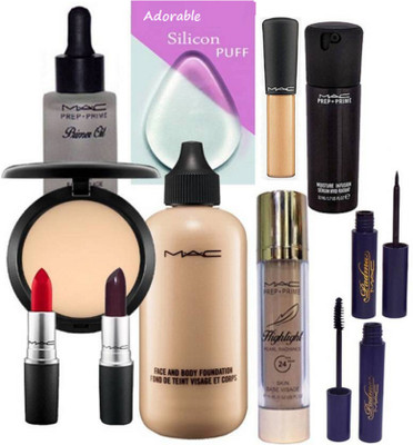 

Adorable Silicone Puff & Mac Studio Fix Compact&mac Face&body Foundation& Mineralize Concealer&lipstick Pack Of 2 & Highlight& Prep+prime Primer Oil& Padma Eyeliner&mascara& Face Serum(Set of 11)