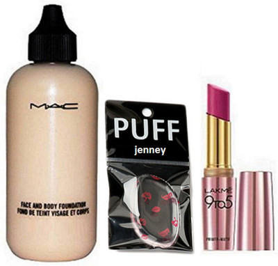 

jenney Silicon Puff & Face And Body Foundation & Lakme 9 To 5 Lipstick(Set of 3)