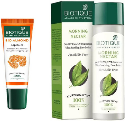 

BIOTIQUE BIO Biotique Morning Nectar Ultra Soothing Face Lotion 30+ SPF Sunscreen, 120ml - SPF 30+ PA+ , LIP BALM(Set of 2)