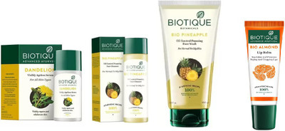 

BIOTIQUE BIO Dandelion Ageless Lightening Serum, PINEAPPLE OIL CONTROL FACE CLEANSER, Pineapple Oil Control Foaming Face Wash , LIP BALM(Set of 4)
