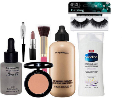 

Dazzling Eyelashes, Face & Body Foundation,Blusher,Matte Finish Lipstick,Primer Oil,Liquid Liner,Brush,Vaseline Lotion(Set of 8)