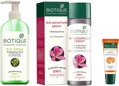 

BIOTIQUE BIO Neem Purifying Face Wash For All Skin Types, mountain ebony vitalizing serum, LIP BALM(Set of 3)