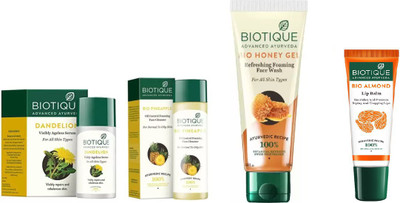

BIOTIQUE BIO Dandelion Ageless Lightening Serum, PINEAPPLE OIL CONTROL FACE CLEANSER, Honey Gel Face Wash, LIP BALM(Set of 4)