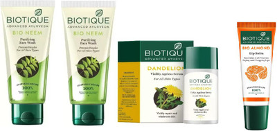 

BIOTIQUE BIO Neem Purifying Face Wash, DANDELION AGELESS LIGHTENING SERUM , lip care(Set of 4)