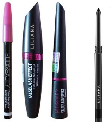 

Liliana Mascara with Eyeliner And Huda Eyebrow Pencil Set of 3 with Black Long Lasting Waterproof Kajal(Set of 4)