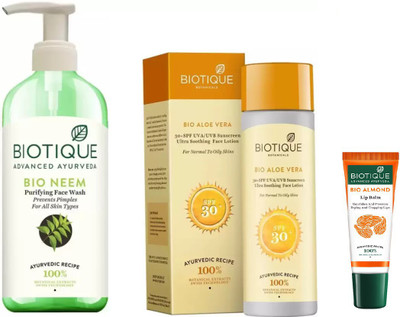 

BIOTIQUE BIO Neem Purifying Face Wash For All Skin Types, aloe vera sun lotion spf 30, LIP CARE(Set of 3)